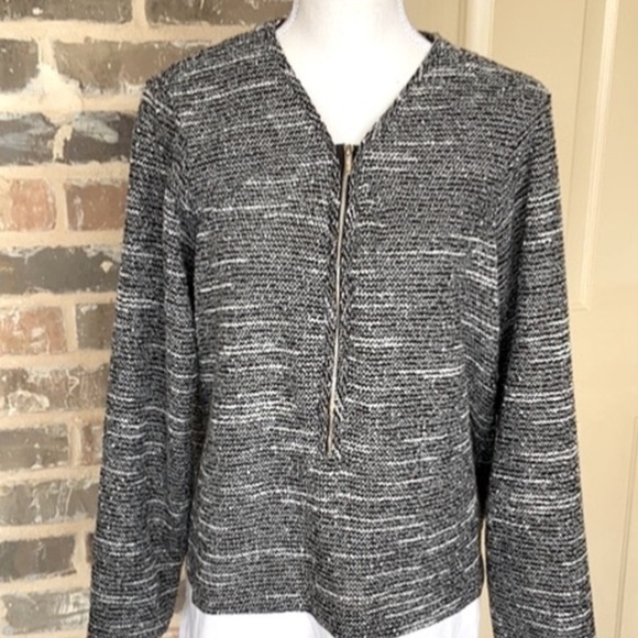 Calvin Klein Black White Tunic Top Logo Zipper Silver Accent Tiered Layer Sz 0X - Picture 14 of 15